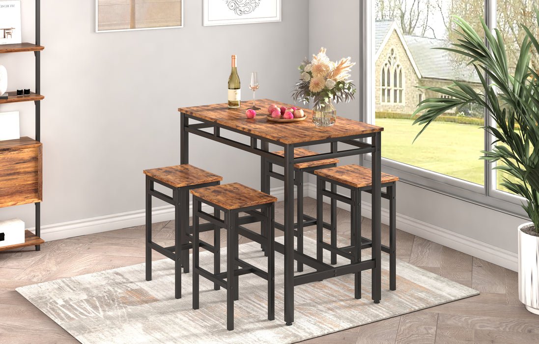 5-Piece Dining Bar Table Set With High Stools, Structural Strengthening, Industrial Style, Rustic Brown, 43.31'' L x 23.62'' W x 35.43'' H