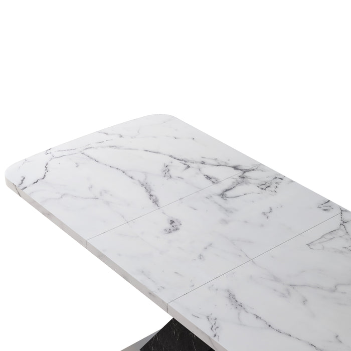 Modern Square Dining Table, Stretchable, White Marble Table Top+MDF Black X-Shape Table Leg with Metal Base