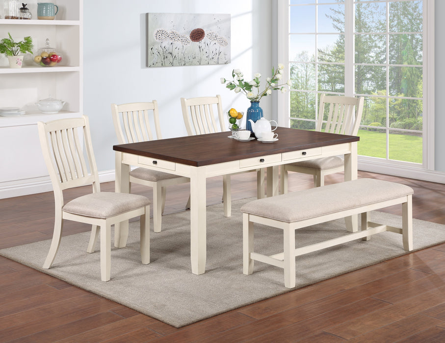 White Classic Rubberwood Bench with Beige Fabric Cushion Seat - Dining Room Furniture