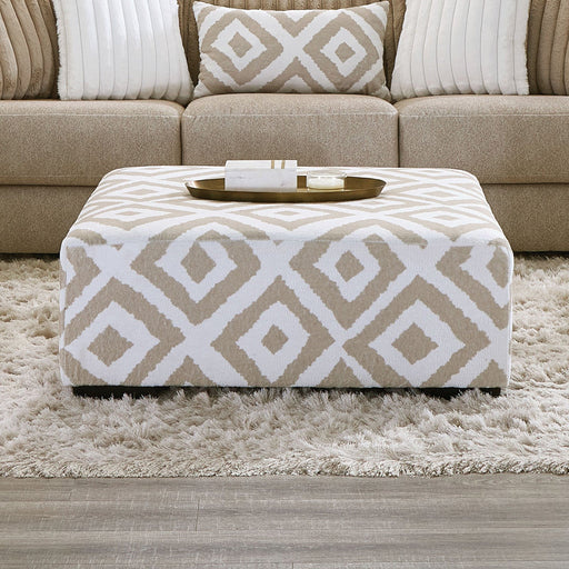 Hudson Light Brown and Ivory Upholstered Ottoman with Wood Legs Glass House Furnishings