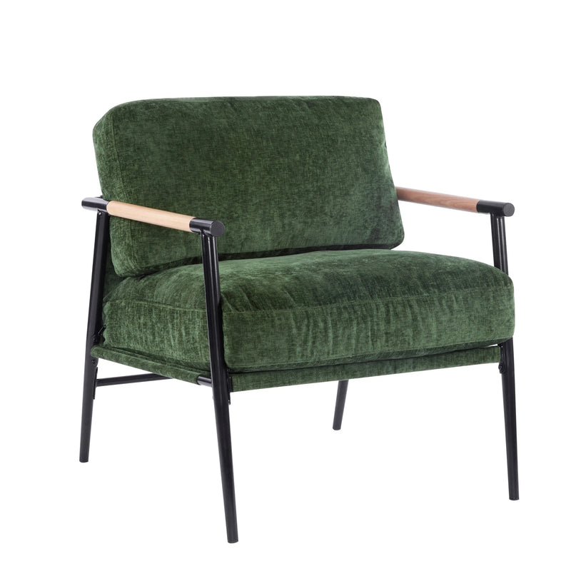 Modern Accent Chair with Plush Cushions, Minimalist Metal Frame, Wooden Armrest Design, Green Glass House Furnishings
