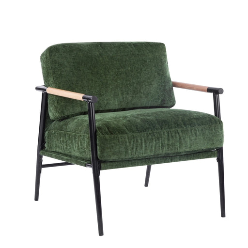 Modern Accent Chair with Plush Cushions, Minimalist Metal Frame, Wooden Armrest Design, Green Glass House Furnishings