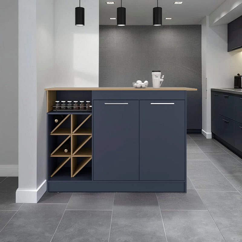 Harrell Kitchen Island, 2 Doors, 7 Shelves, Alby Blue / Natural Oak Glass House Furnishings