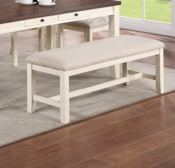 White Classic Rubberwood Bench with Beige Fabric Cushion Seat - Dining Room Furniture