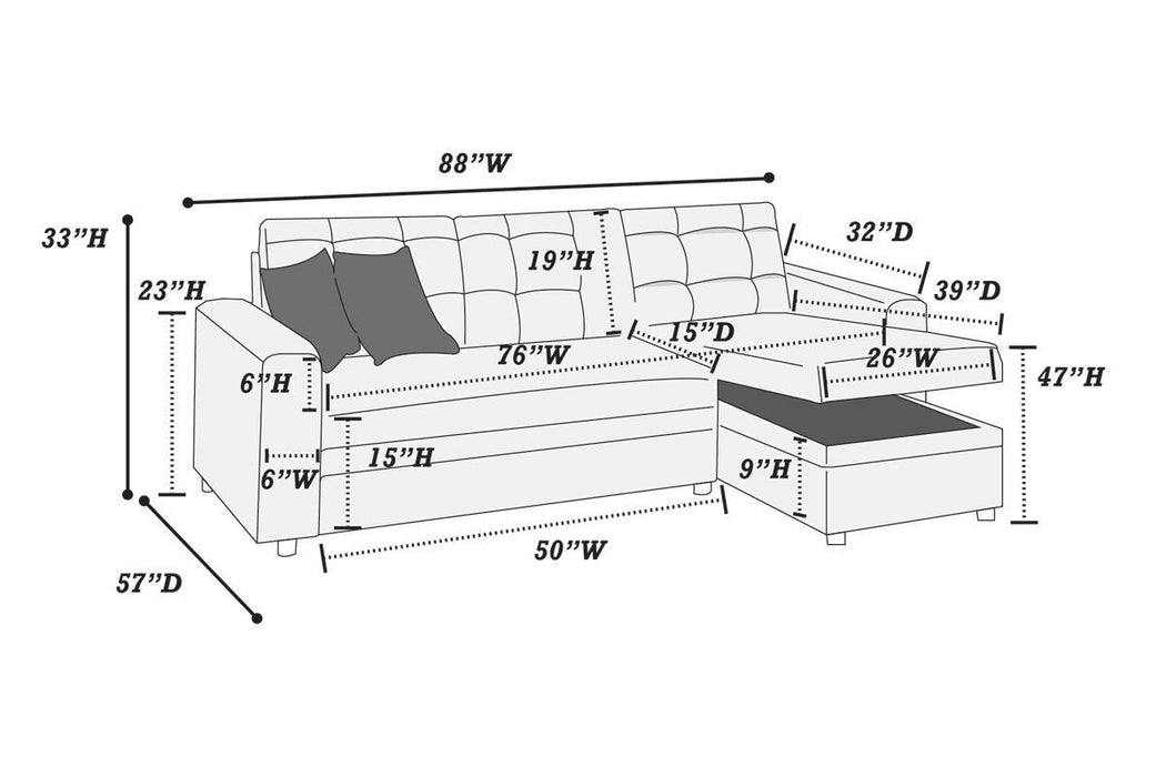 Ash Black Convertible Sectional Pull Out Bed Sofa Chaise Reversible Storage Chaise Polyfiber Tufted Couch Lounge