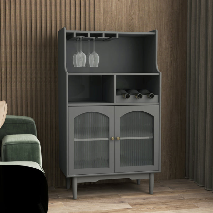 Living Room Grey color wine cabinet with removable rack and wine glass rack, one cabinet with glass doors