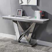 Glam Style Modern Sofa Table 1pc Stainless Steel Rectangular V-Shape Pedestal Base 18mm Faux Marble On Top Metal Structure Chroma Finish Coffee Table-Not Included Glass House Furnishings