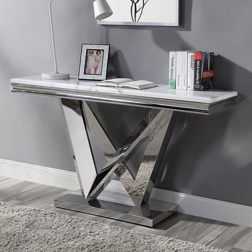 Glam Style Modern Sofa Table 1pc Stainless Steel Rectangular V-Shape Pedestal Base 18mm Faux Marble On Top Metal Structure Chroma Finish Coffee Table-Not Included Glass House Furnishings