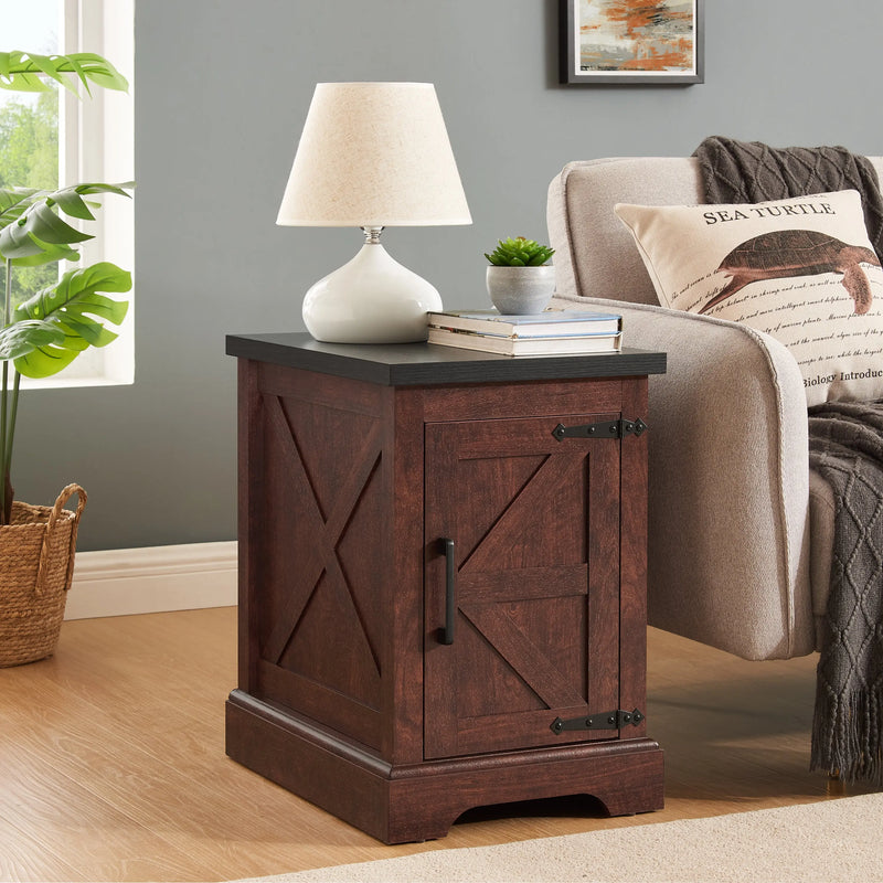 Farmhouse end table Nightstand Rectangular Farmhouse End Table with Barn Door and Adjustable Storage Shelf, Rustic Sofa Side Table for Living Room, Bedroom, OAK Glass House Furnishings