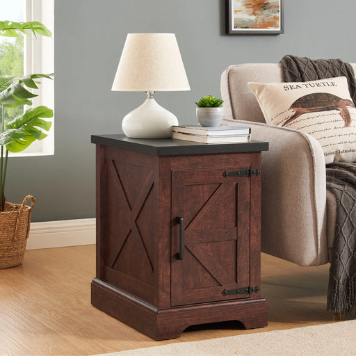 Farmhouse end table Nightstand Rectangular Farmhouse End Table with Barn Door and Adjustable Storage Shelf, Rustic Sofa Side Table for Living Room, Bedroom, OAK Glass House Furnishings