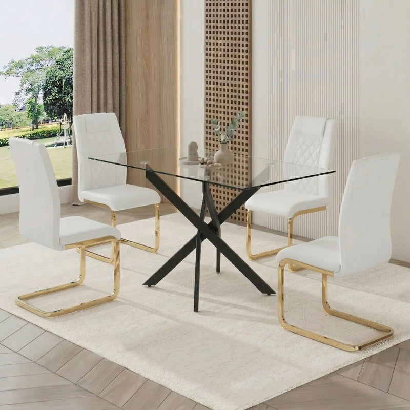 Rectangular Glass Dining Table Set for 4, 47.24' Glass Dining Table with Black Legs, Modern Kitchen Table for Home Kitchen(black table and gold chairs) Glass House Furnishings