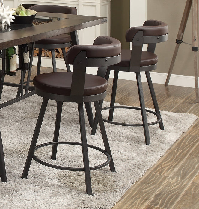 Set of 2 Metal Base 24-inch Counter Height Chairs with Brown Faux Leather Seats, 360-degree Swivel Upholstered Dining Room Furniture