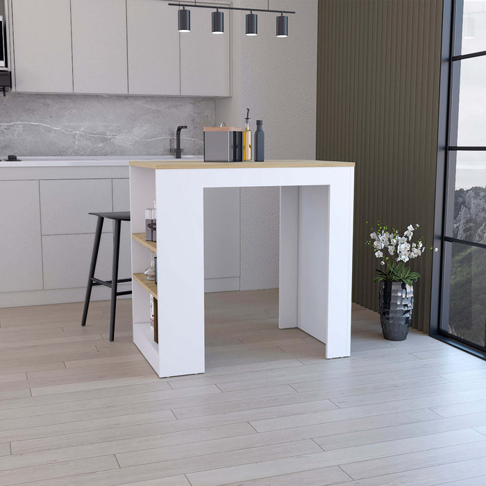 Kitchen Island, Kitchen Bar Table 36" H, with 3-Side Shelves, White / Macadamia