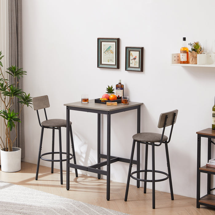 Bar Table Set With 2-Bar Stools, PU Soft Seat With Backrest, Grey, 23.62'' W x 23.62'' D x 35.43'' H