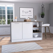 Ginger Kitchen Island with Spacious Prep Table, 3 Open Shelves, and 2-Door Cabinets Glass House Furnishings