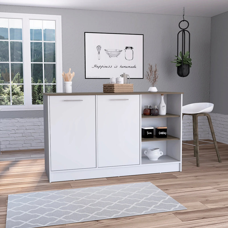Ginger Kitchen Island with Spacious Prep Table, 3 Open Shelves, and 2-Door Cabinets Glass House Furnishings