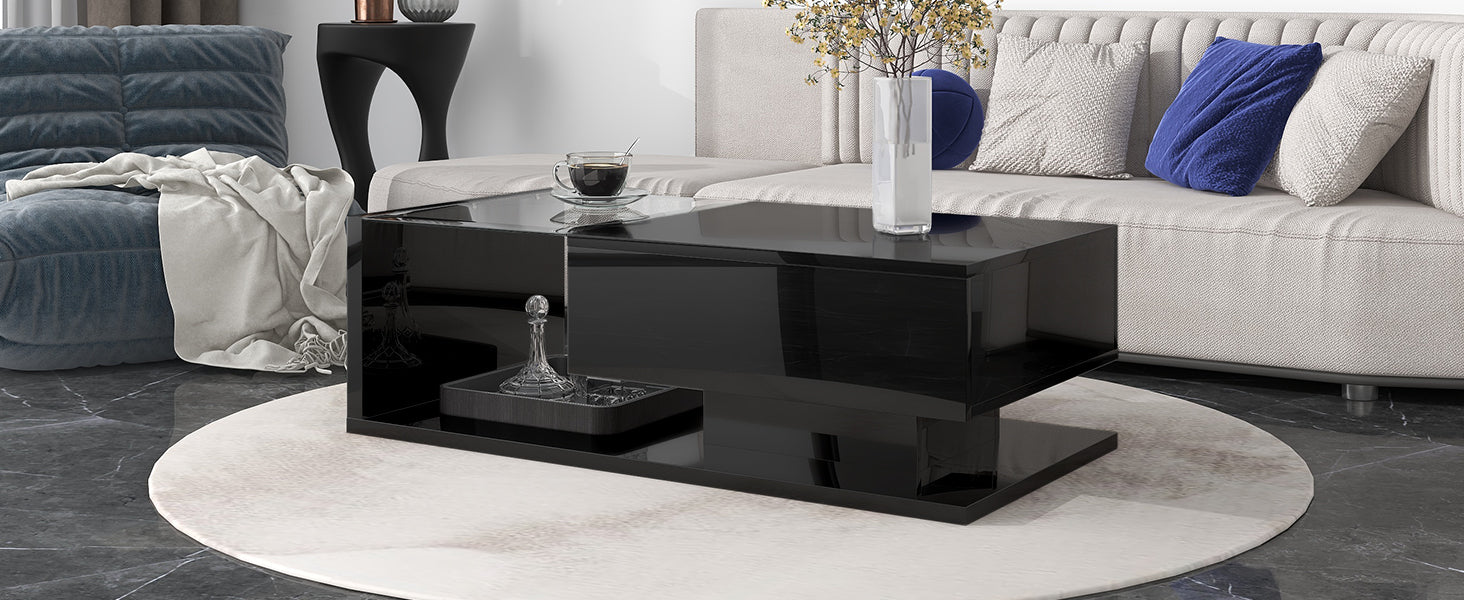 [VIDEO provided] ON-TREND Modern Coffee Table with Tempered Glass, Wooden Cocktail Table with High-gloss UV Surface, Modernist 2-Tier Rectangle Center Table for Living Room, Black