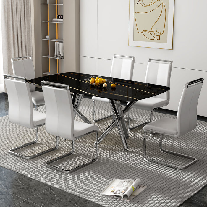 Large Modern Minimalist Rectangular Dining Table with 0.39" Imitation Marble Black Tabletop and Silver Metal Legs - Ideal for Kitchens, Living Rooms, Conference & Banquet Halls