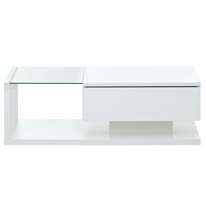 [VIDEO provided] ON-TREND Modern Coffee Table with Tempered Glass, Wooden Cocktail Table with High-gloss UV Surface, Modernist 2-Tier Rectangle Center Table for Living Room, White