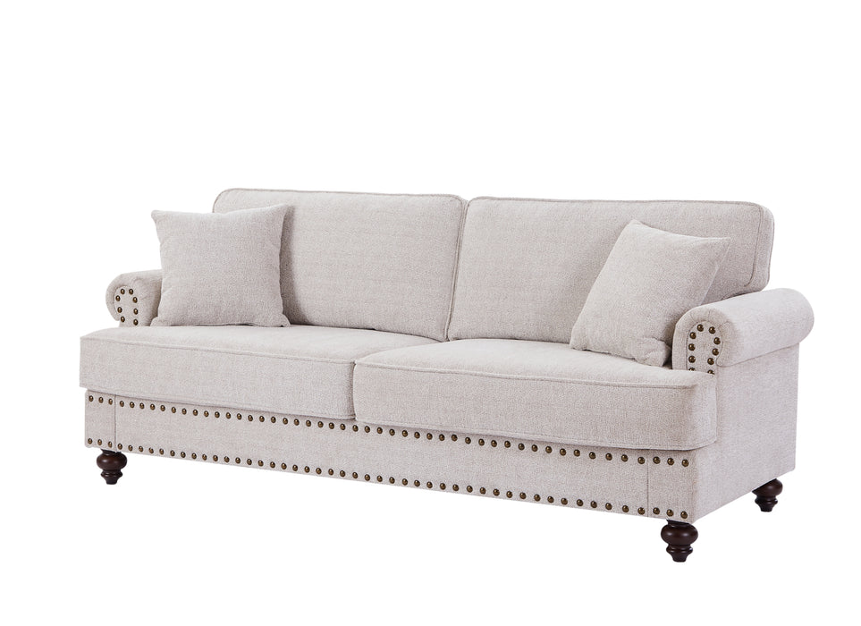 Modern Chenille Upholstered 2-Seater Sofa With Nails & Armrests, White