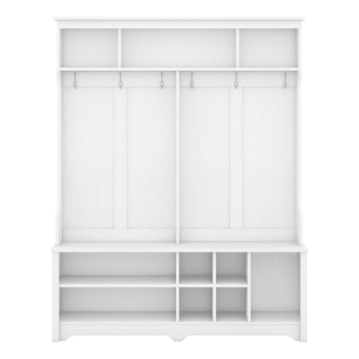 Modern Hallway Hall Tree with Metal Hooks and Storage Space, Multi-Functional Entryway Coat Rack with Shoe Cubbies, White (Pre-sale date: December 18th)