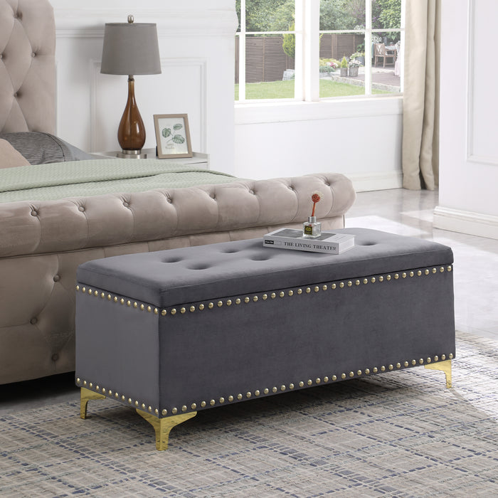 Large Storage Benches Set, Nailhead Trim 2 in 1 Combination Benches, Tufted Velvet Benches with Gold Leg for Living Room, Entryway, Hallway,  Bedroom, Grey; Support 250 lbs