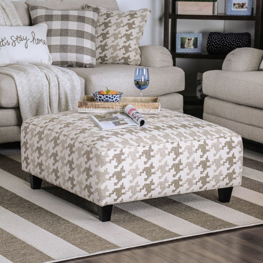 Hudson Light Gray Patterned Upholstered Ottoman with Bun Feet Glass House Furnishings