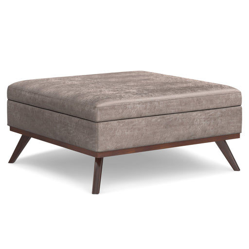 Owen Distressed Gray Taupe Vegan Leather Coffee Table Storage Ottoman Glass House Furnishings