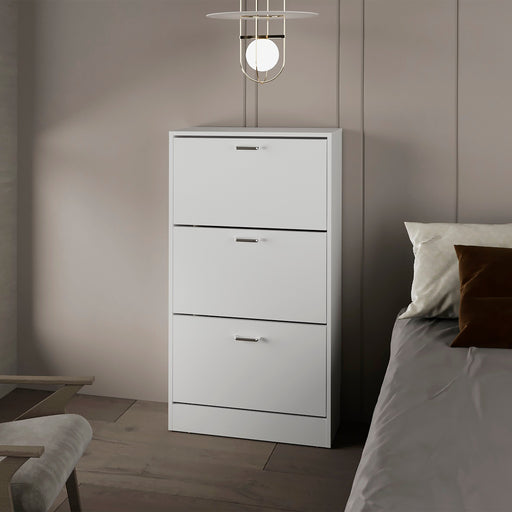 Monroe White Slim Flip-Down Shoe Cabinet | Glass House Furnishings