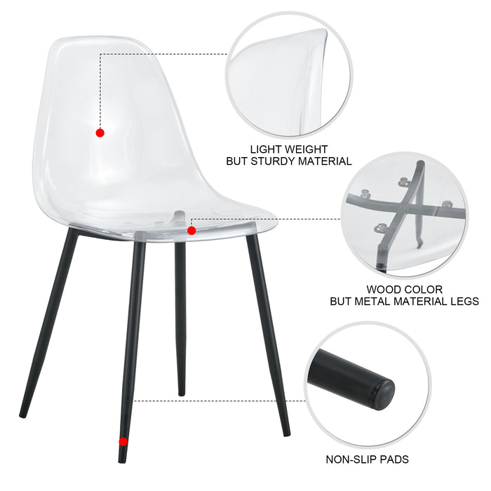 Table and chair set, transparent glass tabletop and black metal table legs, transparent plastic backrest cushion and black metal chair legs, one table with four chairs.DRT-1123  TW-1200