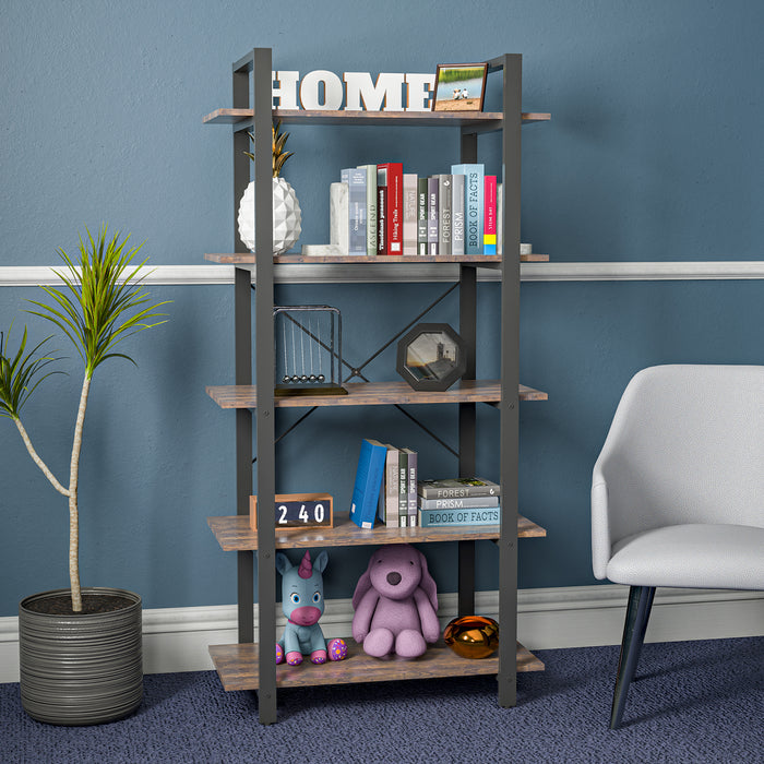 5-Tier Vintage Industrial Rustic Bookshelf, Shelf Wood & Metal Bookcase, Open Etagere, Farmhouse Wooden Bookshelves, Vintage Brown