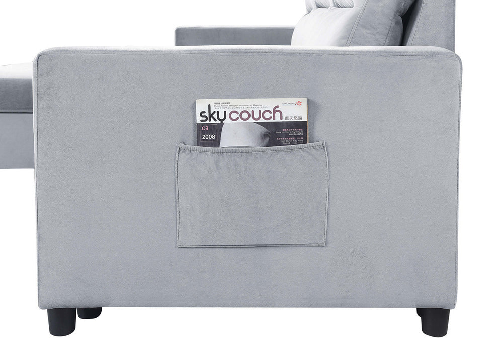 Ruby Velvet Reversible Sleeper Sectional Sofa with Storage Chaise and Side Pocket, Light Gray