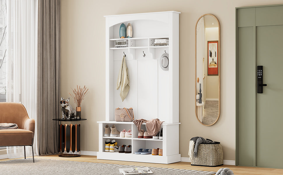 ON-TREND 47.2'' Wide Hall Tree with Bench and Shoe Storage, Multi-functional Storage Bench with 3 Hanging Hooks & Open Storage Space, Rectangle Storage & Shelves Coat Rack for Hallway, White