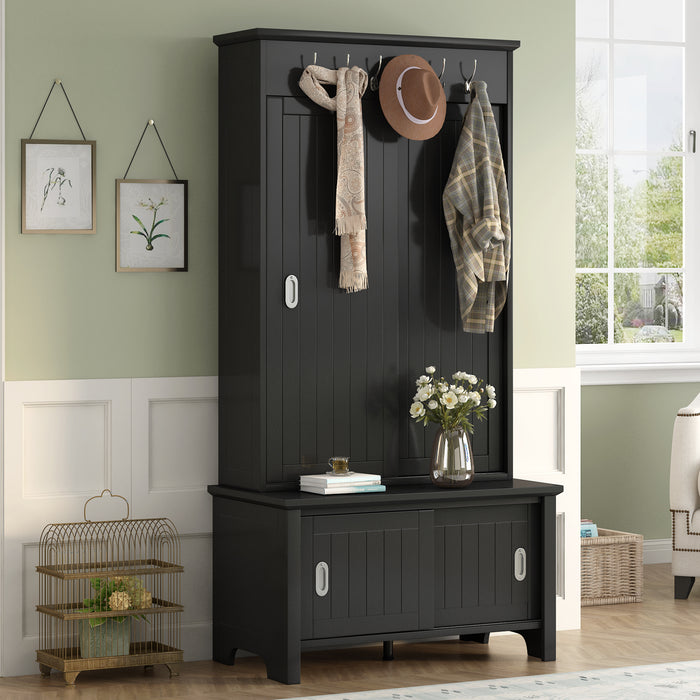 ON-TREND Multifunctional Hall Tree with Sliding Doors, Wooden Hallway Shoe Cabinet with Storage Bench and Shelves, Mudroom Coat Storage with Hanging Hooks for Entryways, Black