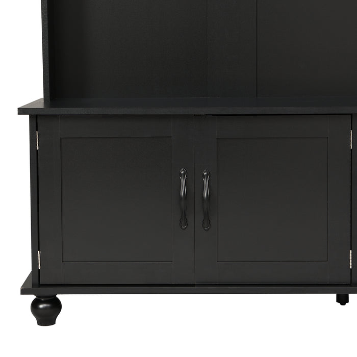 ON-TREND Modern Style Hall Tree with Storage Cabinet and 2 Large Drawers, Widen Mudroom Bench with 5 Coat Hooks, Black