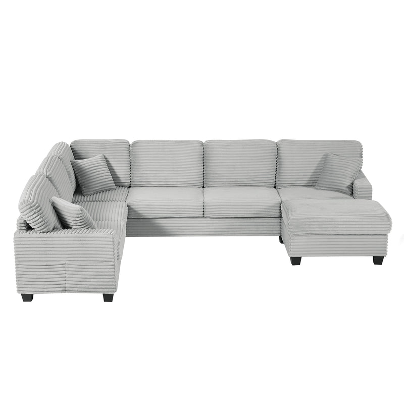 Modern U-shaped Sectional Sofa with Movable Ottoman and Side Storage Pockets, Grey Corduroy, 125.2'