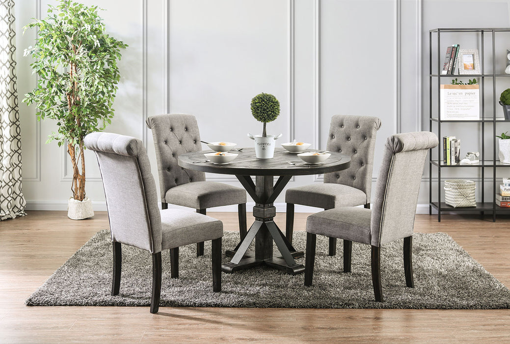 Set of 2 Classic Antique Black/Light Gray Side Chairs, Button Tufted Linen-Like Fabric, Solid Wood, Upholstered Scroll Back - Rustic Dining Room Furniture