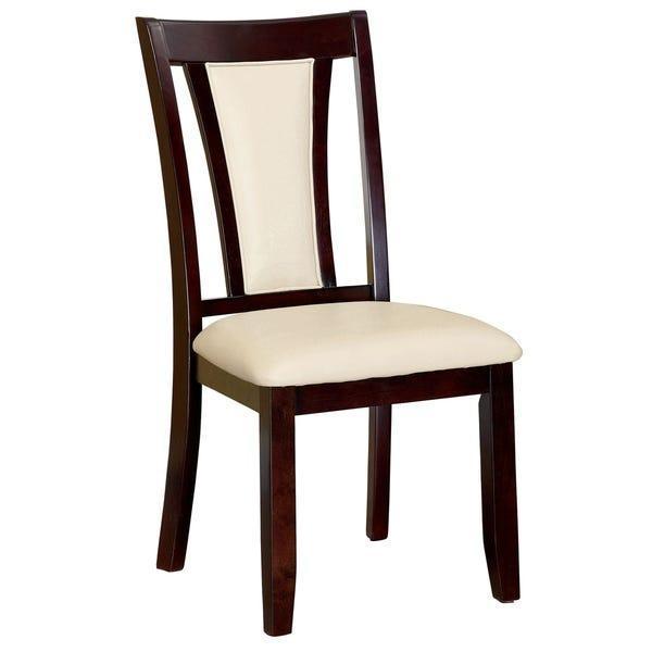 Set of 2 Solid Wood Side Chairs With Padded Leatherette Upholstered Seats - Contemporary Kitchen Dining Room Furniture, Dark Cherry & Ivory