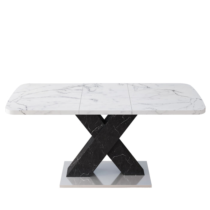 Modern Square Dining Table, Stretchable, White Marble Table Top+MDF Black X-Shape Table Leg with Metal Base