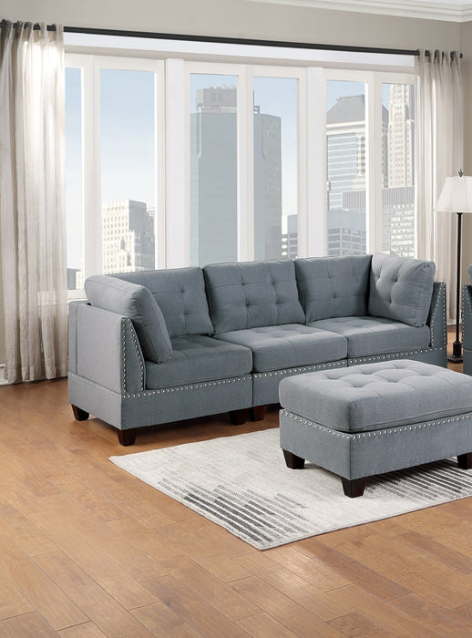 6-Piece Modular Sofa Set, Linen-Like Fabric, Tufted Couch, Nailheads - Living Room Furniture with 4x Corner Wedge, 1x Armless Chair, 1x Ottoman, Gray