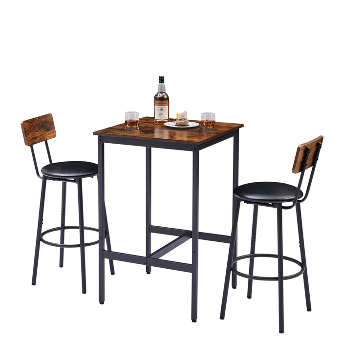 Bar Table Set With 2-Bar Stools, PU Soft Seat With Backrest, Rustic Brown, 23.62'' W x 23.62'' D x 35.43'' H