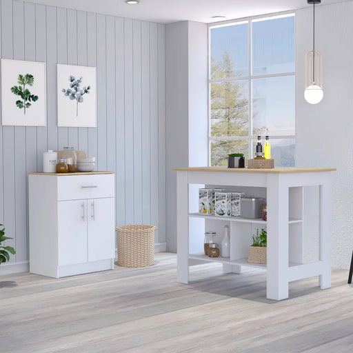 2 Piece Kitchen Set, Kitchen Island + Pantry Cabinet , White /Light Oak Glass House Furnishings