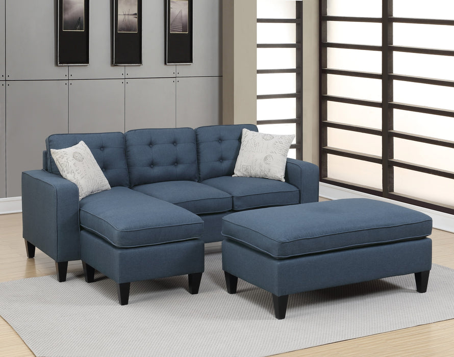 3-Piece Reversible Sectional Sofa Set with Navy Tufted Polyfiber, Wood Legs, Chaise Sofa, Ottoman, Pillows, and Cushion Couch