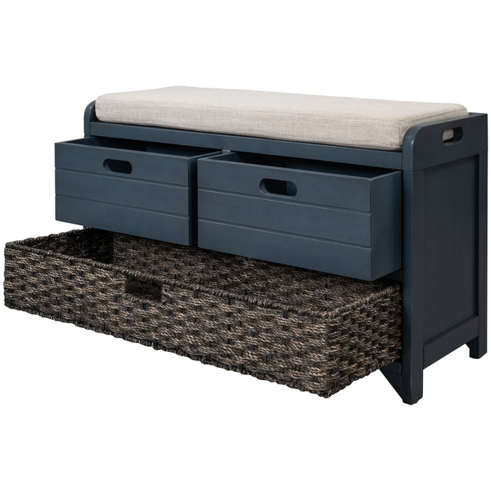 TREXM  Storage Bench with Removable Basket and 2 Drawers, Fully Assembled Shoe Bench with Removable Cushion (Navy)