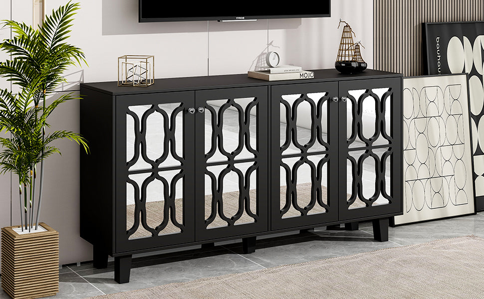 ON-TREND Buffet Cabinet with Adjustable Shelves, 4-Door Mirror Hollow-Carved TV stand for TVs Up to 70'', Multi-functional Console Table with Storage Credenza Accent Cabinet for Living Room, Black