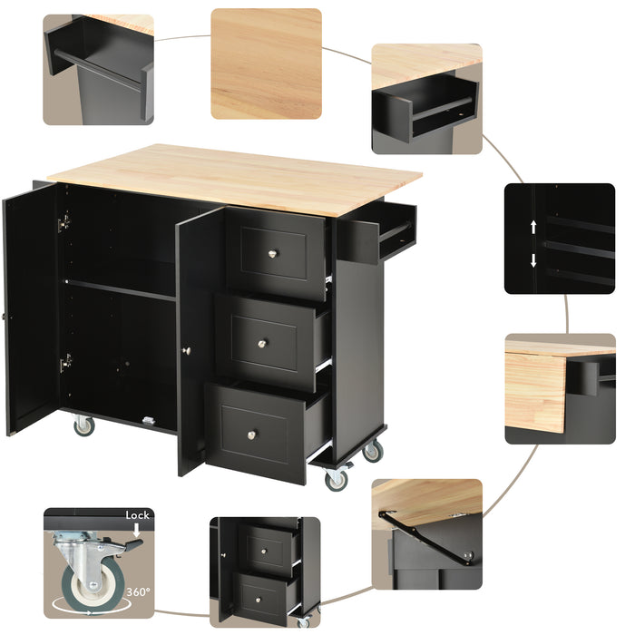 Rolling Mobile Kitchen Island with Solid Wood Top and Locking Wheels, with 52.7 Inch Width, Storage Cabinet, and Drop Leaf Breakfast Bar, including Spice Rack, Towel Rack & Drawer, Black