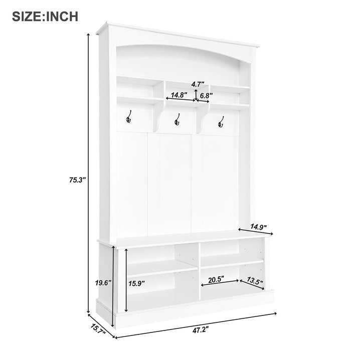 ON-TREND 47.2'' Wide Hall Tree with Bench and Shoe Storage, Multi-functional Storage Bench with 3 Hanging Hooks & Open Storage Space, Rectangle Storage & Shelves Coat Rack for Hallway, White