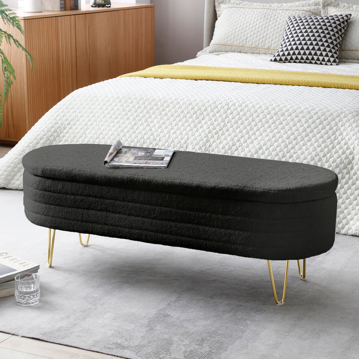 46.9" Width Oval Storage Bench with Gold Legs,Teddy Fabric Upholstered Ottoman Storage Benches for Bedroom End of Bed,Sherpa Fabric Bench for Living Room,Dining Room,Entryway,Bed Side,Black