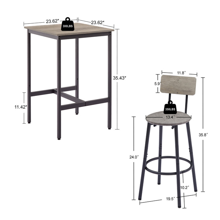 Bar Table Set With 2-Bar Stools, PU Soft Seat With Backrest, Grey, 23.62'' W x 23.62'' D x 35.43'' H