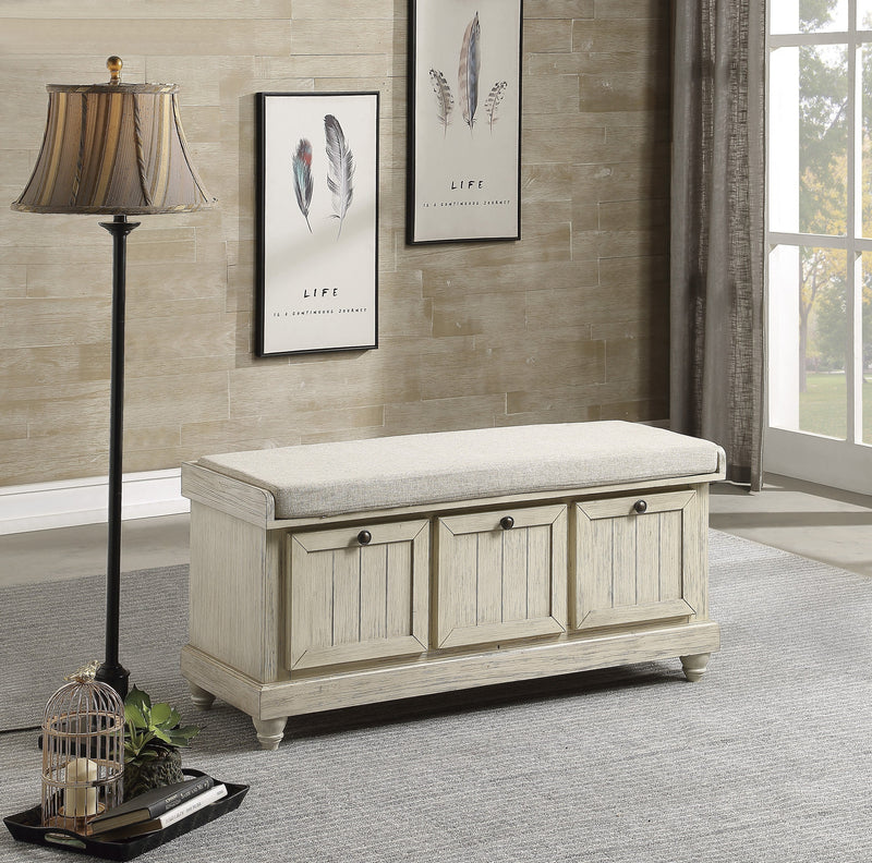 Avery White Upholstered Flip-Top Storage Bench Glass House Furnishings